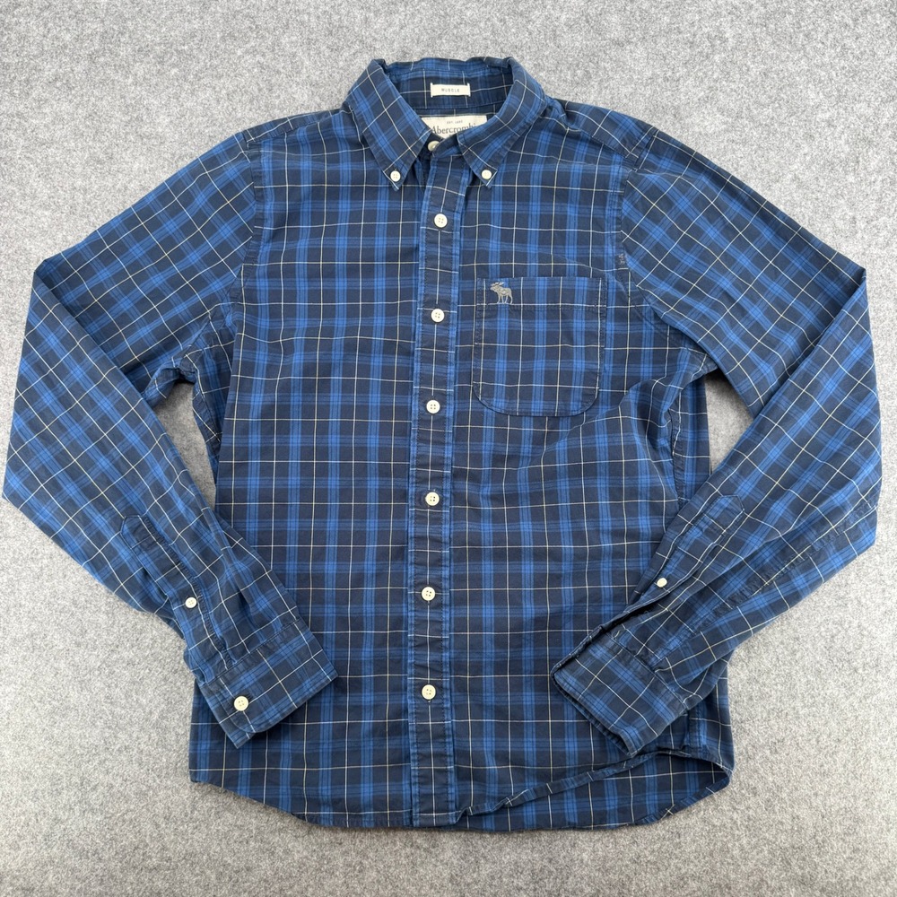 Y2K Abercrombie & Fitch Shirt Mens M Muscle Fit Blue Plaid Long Sleeve